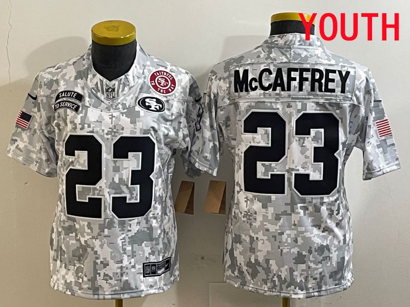 Youth San Francisco 49ers 23 Mccaffrey Nike Arctic Camo 2025 Salute to Service Limited NFL Jersey style 5
